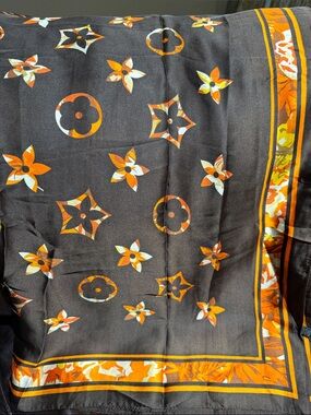 Women’s Brown Floral Print Scarf with Orange Accents